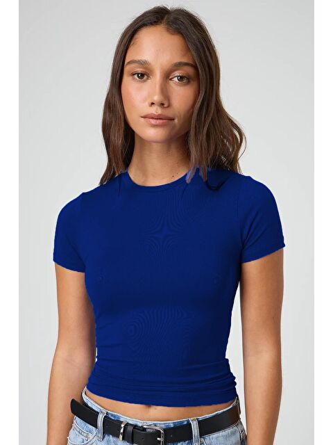 Madmext Saks Bisiklet Yaka Basic Kadın Tişört Mg1725 - S000029453-23710