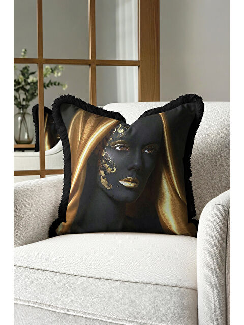Milbay Grup Lüks Altın Renkli Sanatsal Portre Saçaklı Yastık Kılıfı - Modern Siyah Gold Püsküllü Kırlent Kılıfı
