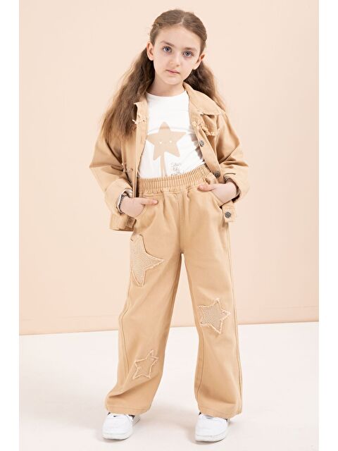 Cansın Mini Kahverengi Taşlı Yıldız Nakışlı Jean Ceketli 3lü Pantolonlu Kız Takım 23436 - S000492744-19413