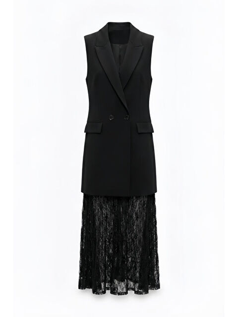 QUZU Dantel Etekli Yelek Elbise Siyah - S000526377-19351