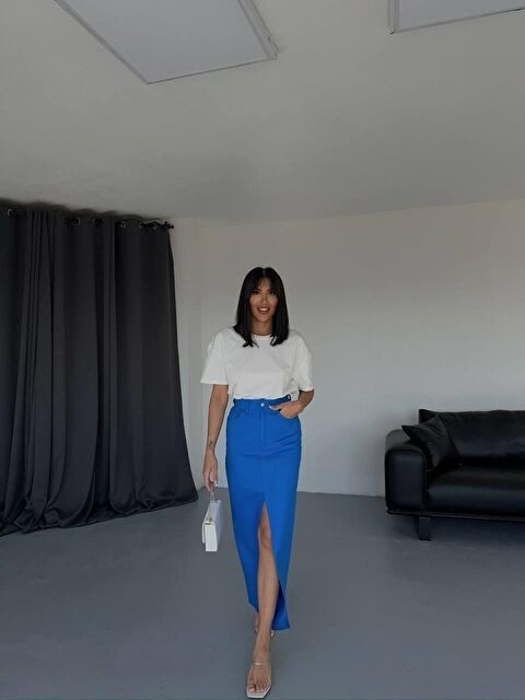 Jane's GABARDİN UZUN ÖNDEN YIRTMAÇLI ETEK - Saks