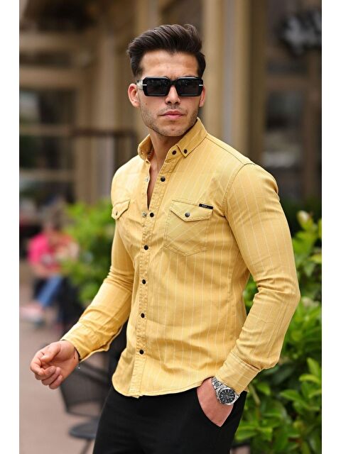 Comstar Erkek Slim Fit Çizgili Jean Gömlek