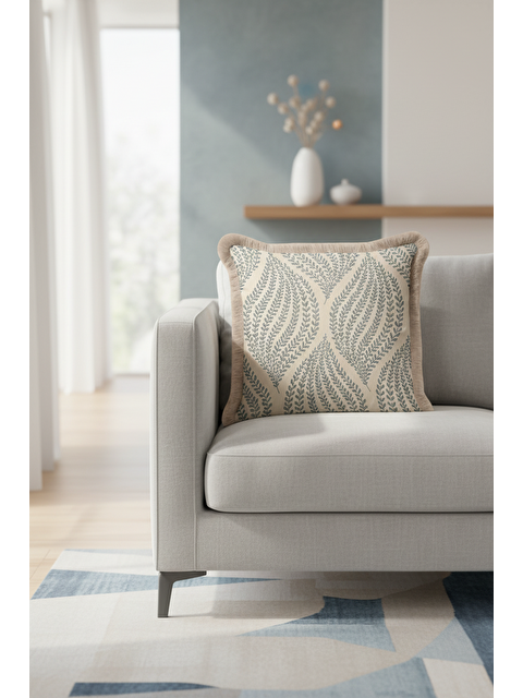 Milbay Grup Zarif Yaprak Motifli Saçaklı Yastık Kılıfı - Doğal Country Bej Mavi Püsküllü Kırlent Kılıfı