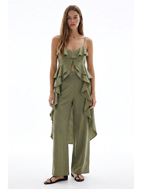 QUZU Pileli Bel Bantlı Bol Paça Pantolon Haki - S000526379-18547