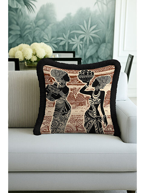 Milbay Grup Afrika Esintili Etnik Saçaklı Yastık Kılıfı - Bohem Doğal Kahverengi Siyah Püsküllü Kırlent Kılıfı