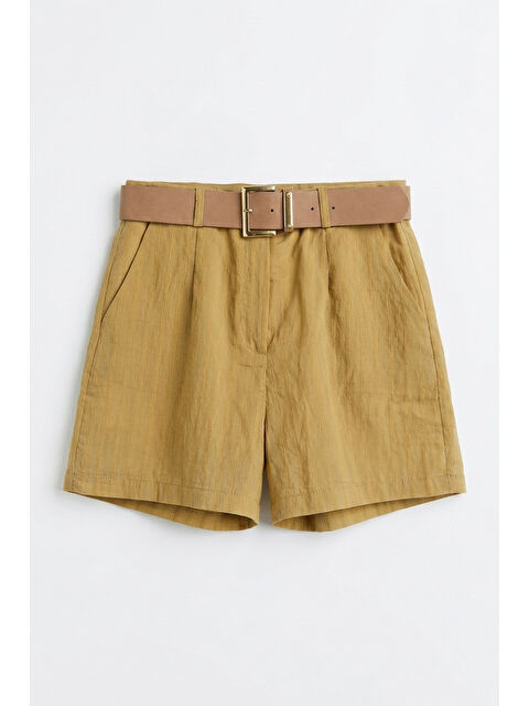 QUZU Yüksek Bel Dokulu Kemerli Mini Şort Bej - S000526380-19928