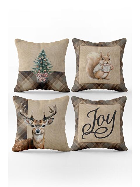 Evmila Çift Taraf Baskılı Kadife Doku Yılbaşı Desenli 4'lü Kırlent  Kılıfı Seti - S000111010-23173