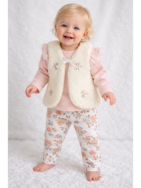 Verona Tarz Kız Bebek Çiçekli Pelüş Yelekli 3 Parça Bebek Takımı Üst Alt Set Pamuklu Bayramlık - S000521389-23047