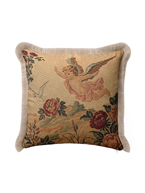 Milbay Grup Barok Melek Figürlü Saçaklı Yastık Kılıfı - Nostaljik Klasik Altın Renkli Püsküllü Kırlent Kılıfı