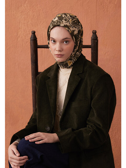 Fresh Scarfs Floral Paısley Desen Pamuk İpek Eşarp Koyu Haki - S000423270-19294