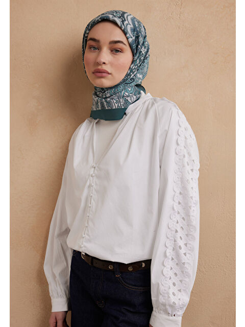 Fresh Scarfs Etnıc Floral Desen Pamuk İpek Eşarp Aquamarin - S000423216-17234