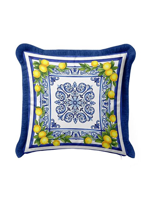 Milbay Grup İtalyan Akdeniz Motifli Saçaklı Yastık Kılıfı - Limon Bahçesi Mavi Sarı Püsküllü Kırlent Kılıfı