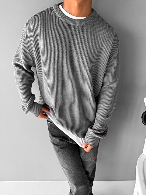 Abluka Online Erkek Oversize Yıkamalı Basic Kazak Gri - S000334023-20600