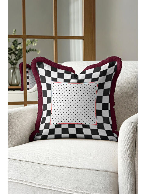 Milbay Grup Luxury Kareli Saçaklı Yastık Kılıfı - Retro Doku Siyah Beyaz Bordo Püsküllü Kırlent Kılıfı