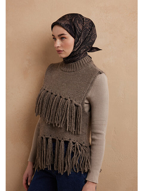 Fresh Scarfs Florıan Desen Pamuk İpek Eşarp Kakao - S000423273-26424