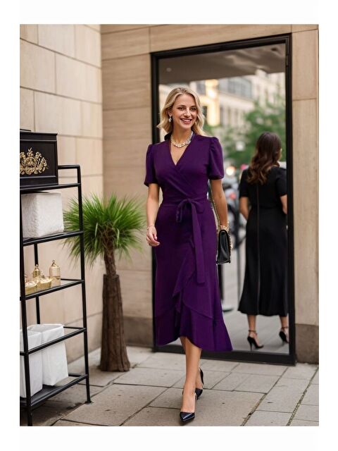 Jane's Kadın Kruvaze Yaka Midi Boy Kuşaklı Krep Elbise 120 Cm - S000527708-20036