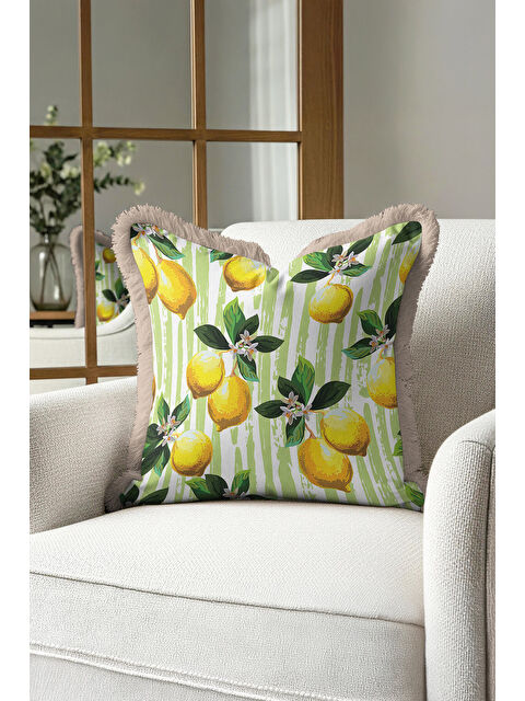 Milbay Grup Limon Bahçesi Saçaklı Yastık Kılıfı - Akdeniz Retro Yeşil Sarı Püsküllü Kırlent Kılıfı