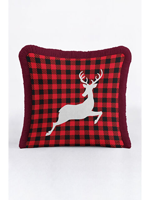 Milbay Grup Kış Şıklığı Kareli Saçaklı Yastık Kılıfı - Geyik Figürlü Rustik Kırmızı Püsküllü Kırlent Kılıfı