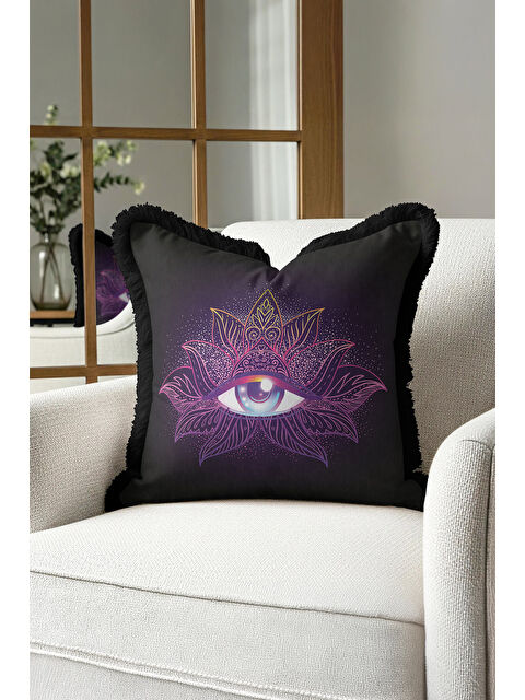 Milbay Grup Mistisizm Temalı Saçaklı Yastık Kılıfı - Spiritüel Bohem Mor Altın Renkli Püsküllü Kırlent Kılıfı