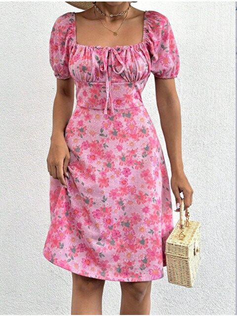 Jane's Kadın Kısa Kollu Mini çiçek Baskılı Bağcık Detay Süprem Midi Boy Elbise - S000527709-20024