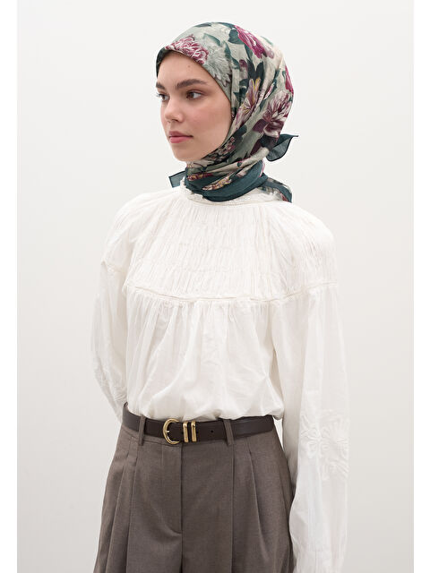 Fresh Scarfs Magnolıa Desen Pamuklu Viskon Eşarp Koyu Yeşil - S000458598-19416