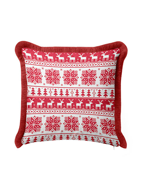 Milbay Grup Nordik Kış Motifli Saçaklı Yastık Kılıfı - Yılbaşı Temalı Kırmızı Beyaz Püsküllü Kırlent Kılıfı