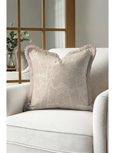 Milbay Grup Doğal Doku Çiçek Motifli Saçaklı Yastık Kılıfı - Yumuşak Krem Country Bej Püsküllü Kırlent Kılıfı