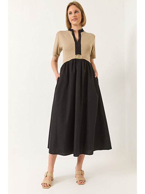 SHADE Kadın Hakim Yaka Gizli Fermuarlı Cep Detaylı Kısa Kollu Aksesuarlı Uzun Elbise - S000376382-37216