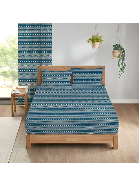Evmila Geometrik Desenli Baskılı 180x200 Çift Kişilik Lastikli Çarşaf Seti Mavi - S000291119-23173