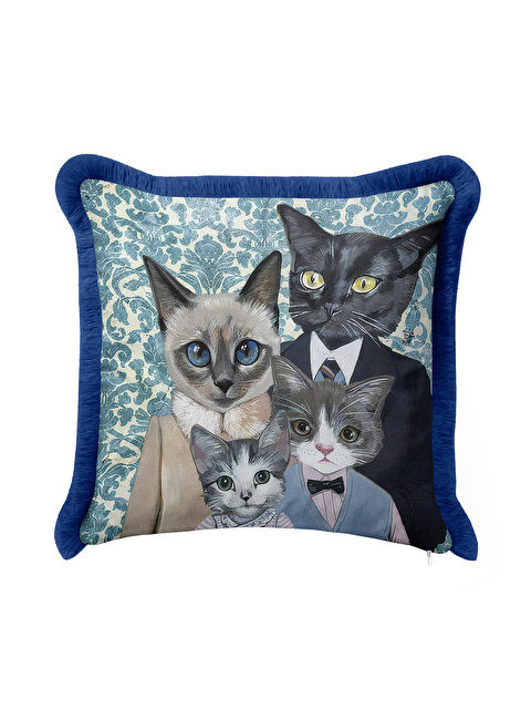 Milbay Grup Royal Kedi Ailesi Saçaklı Yastık Kılıfı - Vintage Bohem Mavi Püsküllü Kırlent Kılıfı
