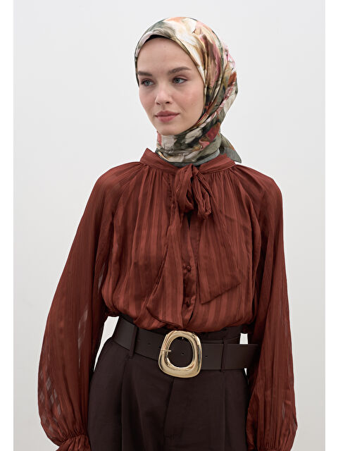 Fresh Scarfs Mıdnıght Floral Desen Pamuklu Viskon Eşarp Haki - S000458599-18547