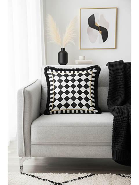 Milbay Grup Lüks Vizyon Kareli Saçaklı Yastık Kılıfı - Monokrom Modern Altın Renkli Püsküllü Kırlent Kılıfı