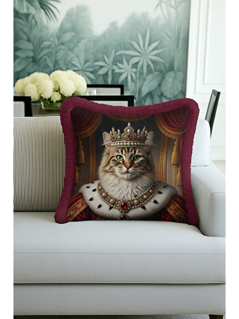 Milbay Grup Kraliyet Temalı Saçaklı Yastık Kılıfı - Majesteleri Kedi Barok Vintage Gold Püsküllü Kırlent Kılıfı