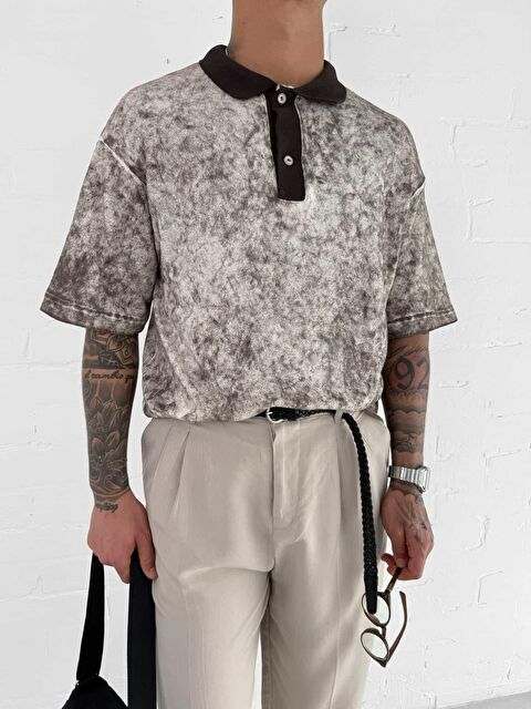 Abluka Online Erkek Düğmeli Polo Yaka Desenli Oversize Triko Tişört Kahverengi - S000365700-19413