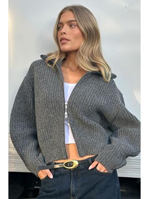 Madmext Antrasit Çift Fermuarlı Triko Hırka Mg2256 - S000318760-29666