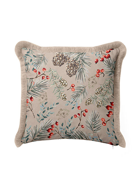 Milbay Grup Botanik Çam Kozalaklı Saçaklı Yastık Kılıfı - Doğal Rustik Bej Kırmızı Püsküllü Kırlent Kılıfı