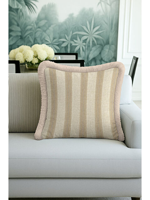 Milbay Grup Zarif Çizgi Detaylı Saçaklı Yastık Kılıfı - Krem Bej Country Doğal Püsküllü Kırlent Kılıfı