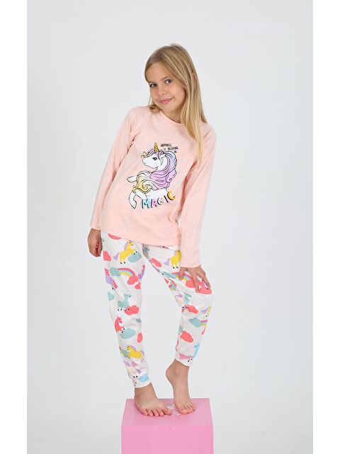Vitmo Kız Çocuk Uzun Kollu %100 Pamuklu Pijama Takımı Happines Somon - S000493079-24085