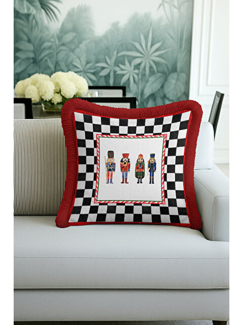 Milbay Grup Kareli Saçaklı Yastık Kılıfı - Fındıkkıran Nostaljik Kırmızı Siyah Püsküllü Kırlent Kılıfı