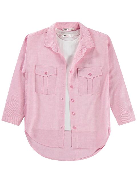 Civil Girls Çift Cepli Çizgili 6-9 Yaş Gömlek - Pembe