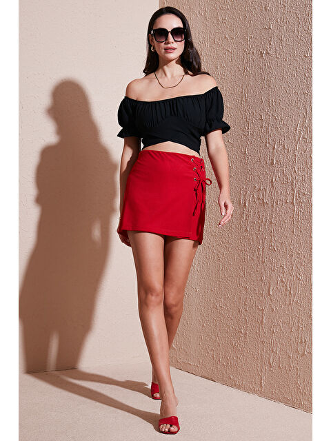 Lela Streç Bağlamalı Slim Fit Yüksek Bel Mini Şort Etek 5865745 - S000355452-20045