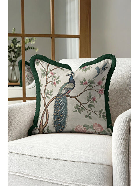 Milbay Grup Zarif Tavuskuşlu Saçaklı Yastık Kılıfı - Doğal Çiçekli Vintage Yeşil Krem Püsküllü Kırlent Kılıfı