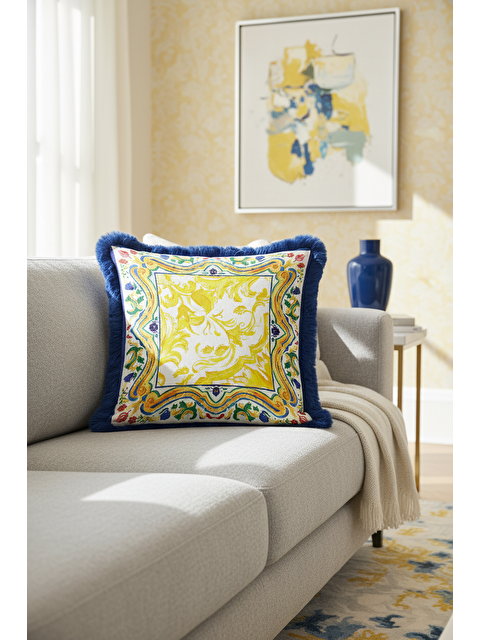 Milbay Grup Barok Saray Motifli Saçaklı Yastık Kılıfı - Akdeniz Country Mavi Altın Renk Püsküllü Kırlent Kılıfı