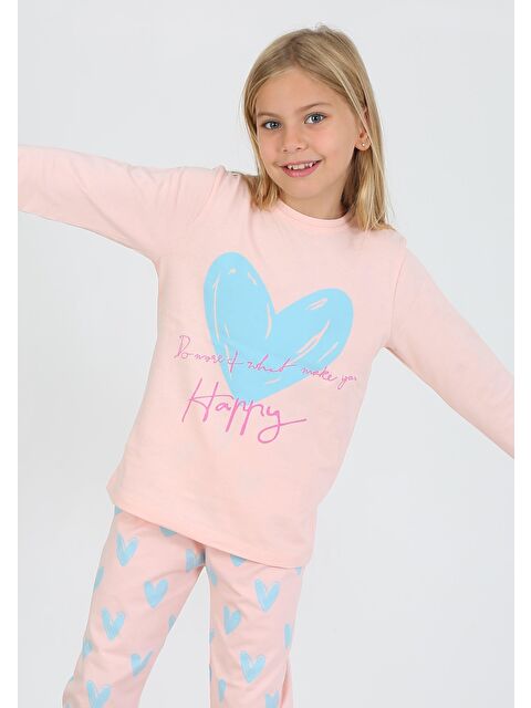 Vitmo Kız Çocuk Uzun Kollu %100 Pamuklu Pijama Takımı Happy Heart Somon - S000493082-24085