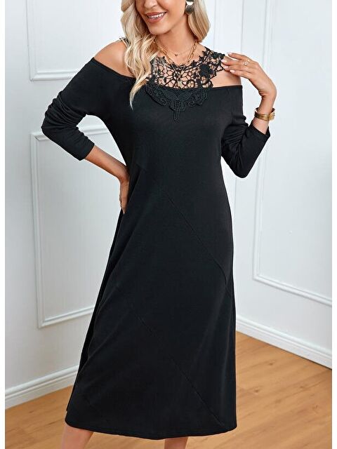 Jane's Kadın Uzun Kollu Yaka önü Güpürlü Madonna Yaka Viskon Midi Boy Elbise - S000527713-19351