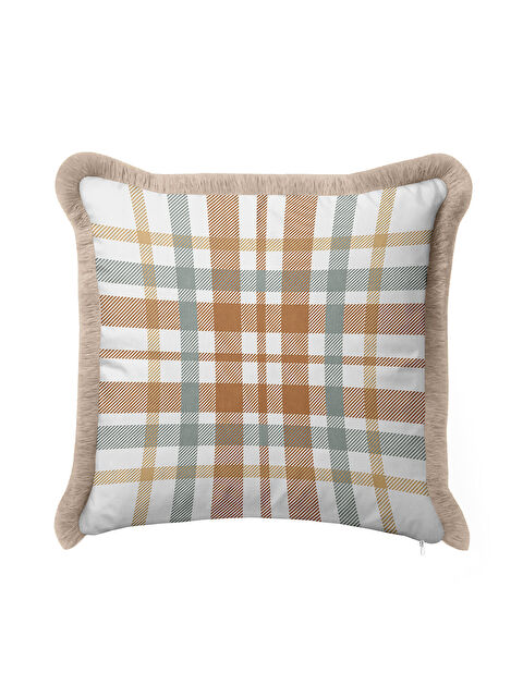 Milbay Grup Klasik Ekose Saçaklı Yastık Kılıfı - Rustik İskandinav Karamel Bej Püsküllü Kırlent Kılıfı