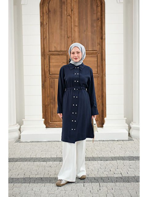 Locco Moda Kadın Gömlek Yaka Çift Düğmeli Uzun Tunik Lacivert