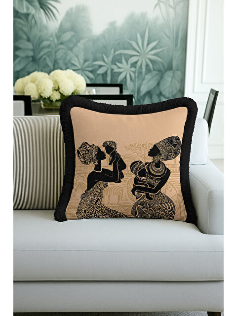 Milbay Grup Afrika Sanatı Figürlü Saçaklı Yastık Kılıfı - Etnik Bohem Siyah Bej Püsküllü Kırlent Kılıfı