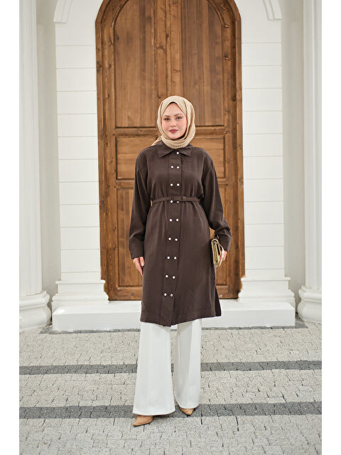 Locco Moda Kadın Gömlek Yaka Çift Düğmeli Uzun Tunik Kahverengi