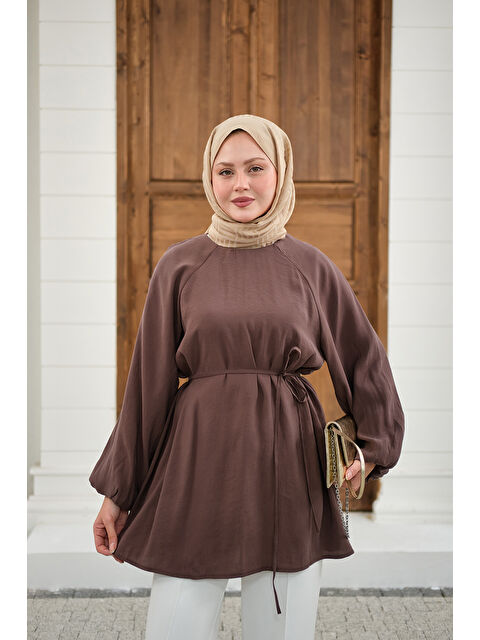 Locco Moda Kadın Bel Bağlamalı Tunik Kahverengi